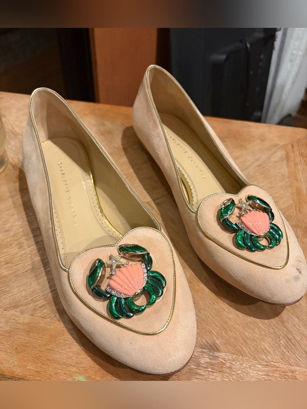Charlotte Olympia Beige Suede Birthday Zodiac Cancer Flats Size 41 Light Stain L
